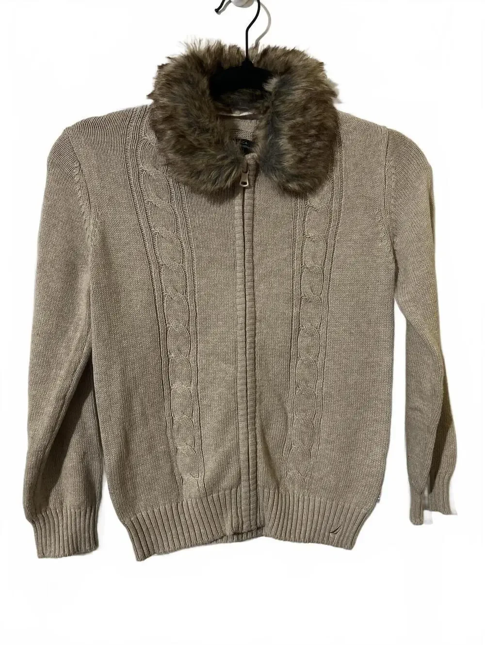 Nautica Girls 6X Beige Knit Zip-Up Sweater with Faux Fur Zip